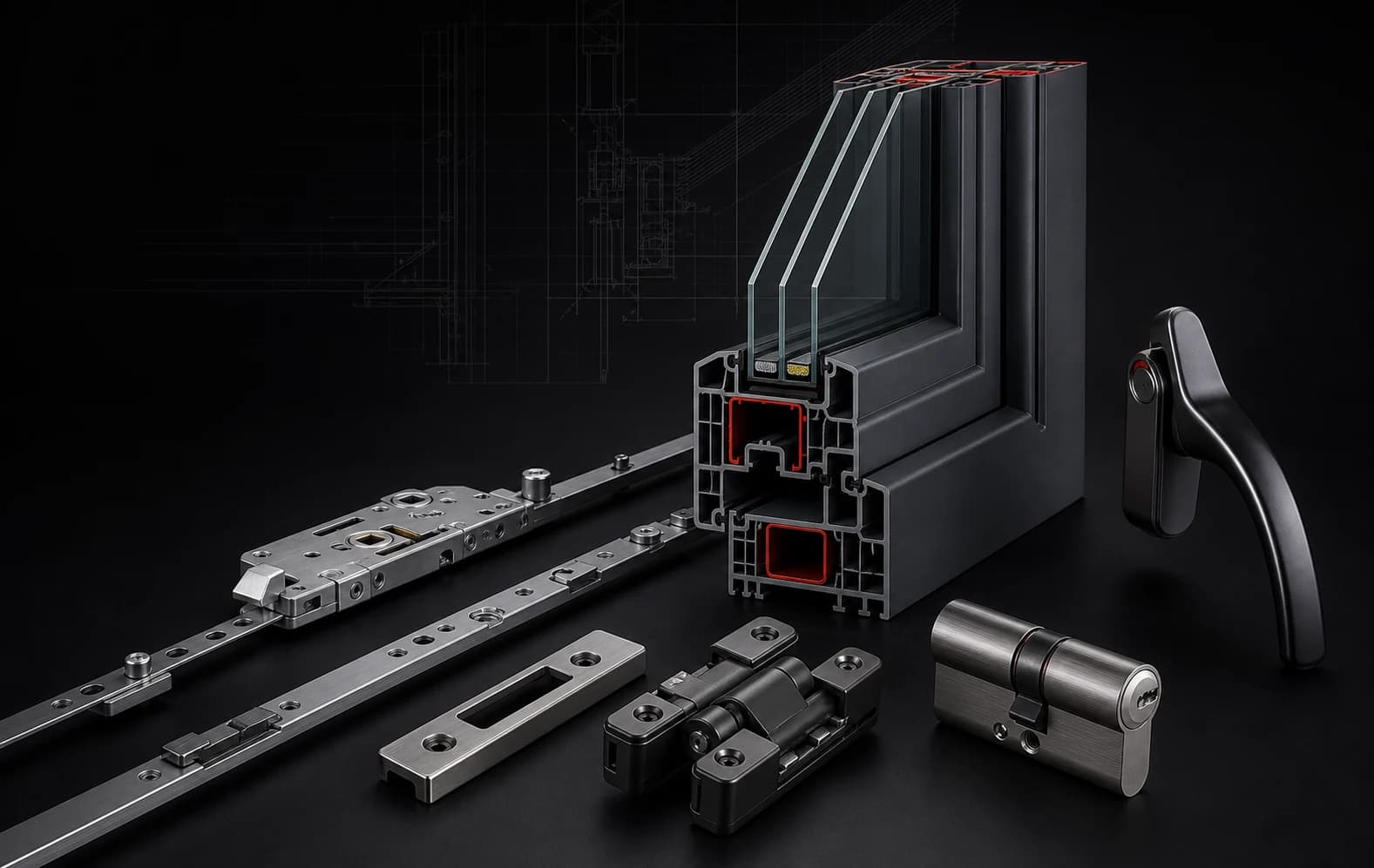 Premium 3D compositie van fabrieksnieuwe kozijnprofielen en technische kozijnonderdelen